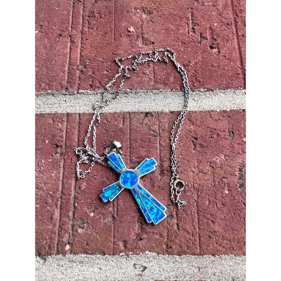 Sterling Silver Jewelry - Sterling Silver Cross Pendant Necklace With Blue Opal Inlay 23" Chain For Women